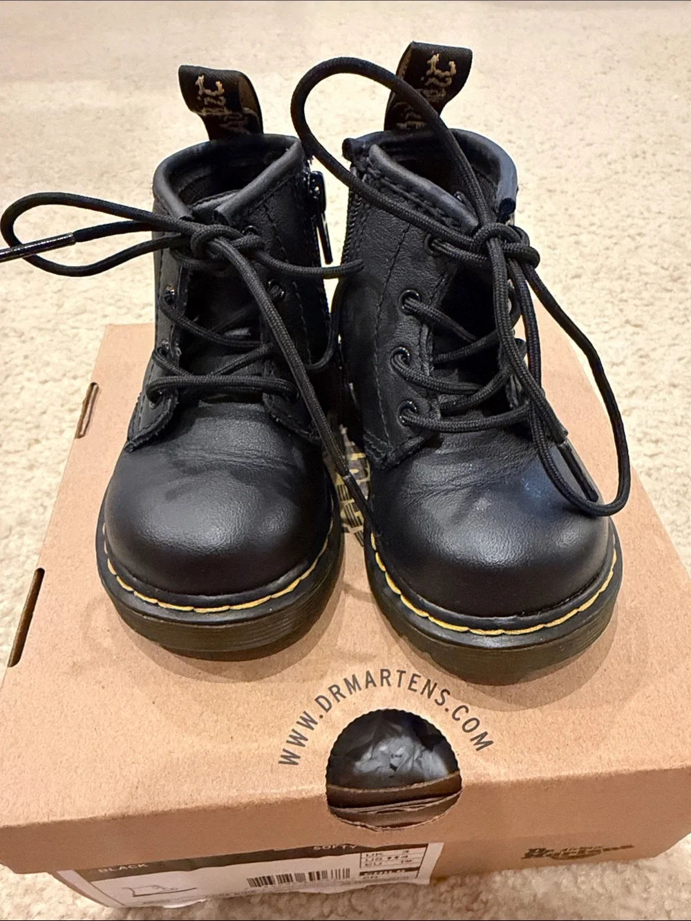 Dr. Martens Kids Black Leather Lace-Up Boots with Yellow Stitching